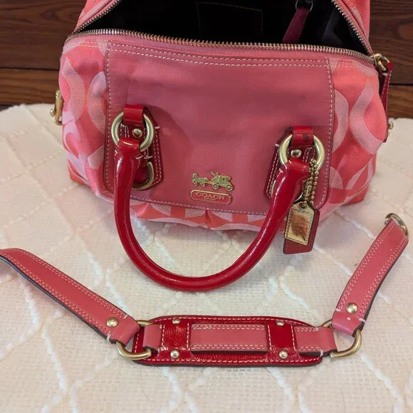 Coach Madison Sabrina Signature Pink Satchel with Red Patent Leather Trim. - Picture 16 of 16